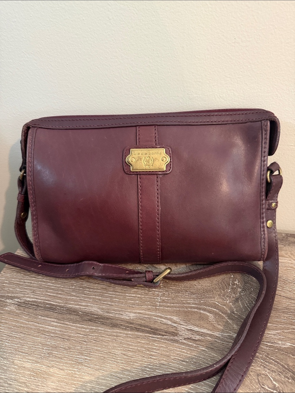 Liz Claiborne Genuine Leather Burgundy Wine Shoulder Crossbody Bag Brass Accents
